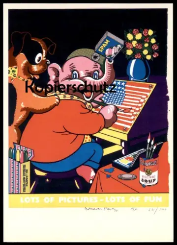 POSTKARTE EDUARDO PAOLOZZI WHITECHAPEL GALLERY ELEFANT VERMENSCHLICHT HUND CAMPBELL SOUP dog elephant tusker USA