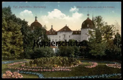 ALTE POSTKARTE KÖNIGLICHES JAGDSCHLOSS MORITZBURG BEI DRESDEN BLICK VOM HOFGARTEN Ansichtskarte AK cpa photo postcard