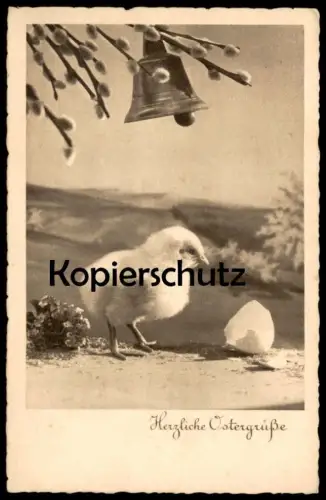 ALTE POSTKARTE HERZLICHE OSTERGRÜSSE KÜKEN GLOCKE Ostern Easter poussin chick Schwarz-Weiss Foto Photo Weidenkätzchen AK