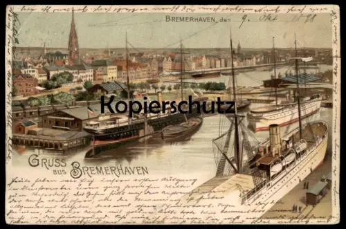 ALTE LITHO POSTKARTE GRUSS AUS BREMERHAVEN DAMPFER PANORAMA HAFEN harbour Schiff Schiffe ship Ansichtskarte postcard cpa