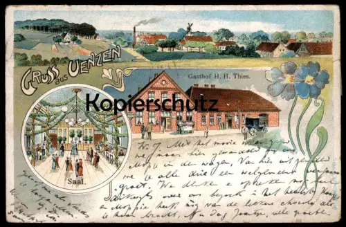 ALTE LITHO POSTKARTE GRUSS AUS UENZEN BRUCHHAUSEN-VILSEN GASTHOF H. H: THIES SAAL PANORAMA WINDMÜHLE Ansichtskarte cpa