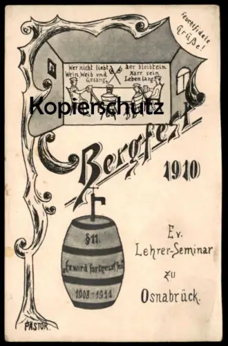 ALTE POSTKARTE FEUCHTFIDELE GRÜSSE OSNABRÜCK EVANGELISCHES LEHRER-SEMINAR BERGFEST 1910 Ansichtskarte AK cpa postcard