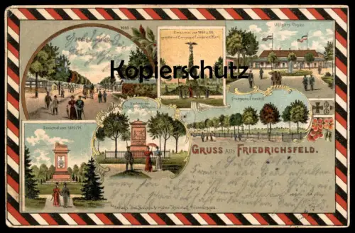 ALTE LITHO POSTKARTE GRUSS AUS FRIEDRICHSFELD WILHELMSTRASSE FRANZOSEN-FRIEDHOF DENKMAL
