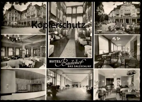 ÄLTERE POSTKARTE HOTEL BADEHOF BAD SALZSCHLIRF AUSSENANSICHT INNENANSICHT INNENARCHITEKTUR Ansichtskarte AK postcard cpa