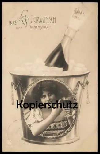 ALTE POSTKARTE HERZLICHEN GLÜCKWUNSCH ZUM NAMENSTAG FRAU SEKT SEKTKÜHLER Ansichtskarte AK cpa postcard