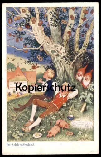 ALTE KÜNSTLER POSTKARTE IM SCHLARAFFENLAND MÄRCHEN FRITZ BAUMGARTEN ZWERG ZWERGE SCHWEINE ÄPFEL dwarf pig fairy tale cpa