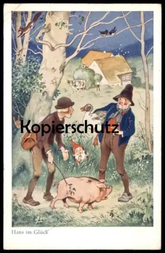 ALTE KÜNSTLER POSTKARTE HANS IM GLÜCK MÄRCHEN FRITZ BAUMGARTEN ZWERG SCHWEIN BRÜDER GRIMM pig fairy tale postcard cpa AK