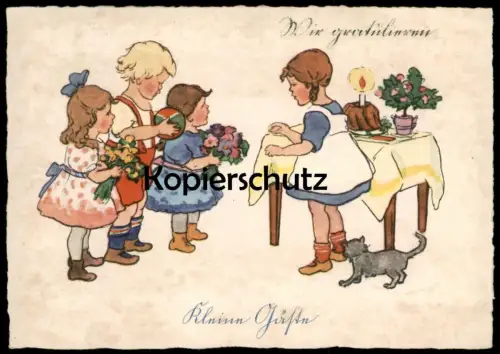 ALTE KÜNSTLER POSTKARTE WIR GRATULIEREN KLEINE GÄSTE KINDER MÄDCHEN KATZE GEBURTSTAG KUCHEN RENATE DRUDE cat chat AK