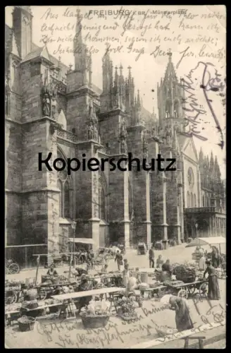 ALTE POSTKARTE FREIBURG BREISGAU MÜNSTERPLATZ MARKT market marché Verkaufsstände Gemüse Ansichtskarte cpa postcard AK