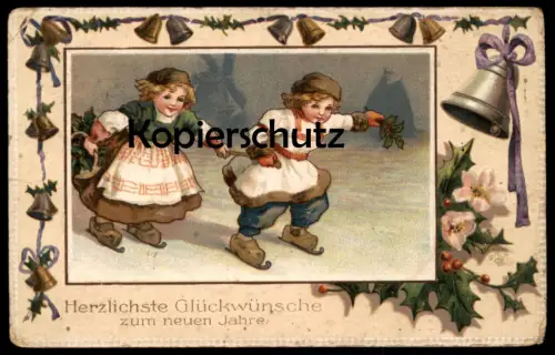 ALTE PRÄGE POSTKARTE HERZLICHE GLÜCKWÜNSCHE ZUM NEUEN JAHRE NEUJAHR Schlittschuhlauf Kinder Mühle ice scating