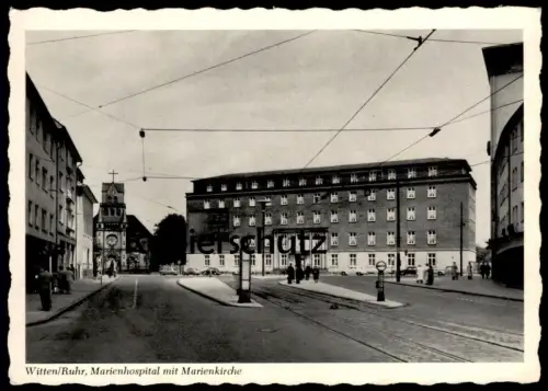 ALTE POSTKARTE WITTEN RUHR MARIENHOSPITAL MIT MARIENKIRCHE BUSBAHNHOF BUSHALTESTELLE KRANKENHAUS Ansichtskarte cpa AK