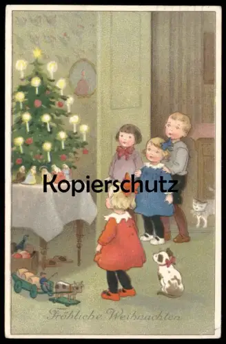 ALTE POSTKARTE KINDER GESCHMÜCKTER WEIHNACHTSBAUM SPIELZEUG FRÖHLICHE WEIHNACHTEN