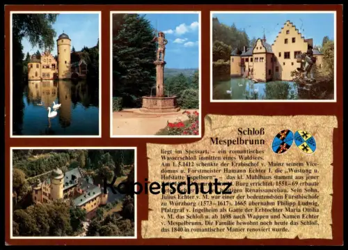 POSTKARTE SCHLOSS MESPELBRUNN WAPPEN & GESCHICHTE CHRONIK Chronikkarte chronique chronicle storycard postcard