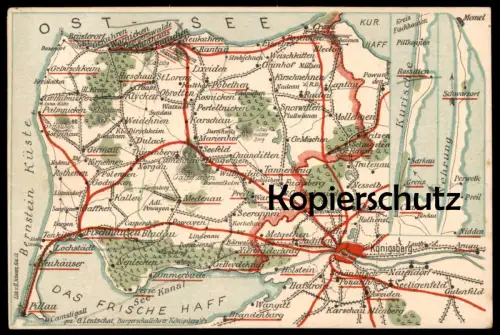 ALTE POSTKARTE LANDKARTE KÖNGISBERG NEUKUHREN MEMEL PALMNICKEN KURISCHES HAFF NEHRUNG
