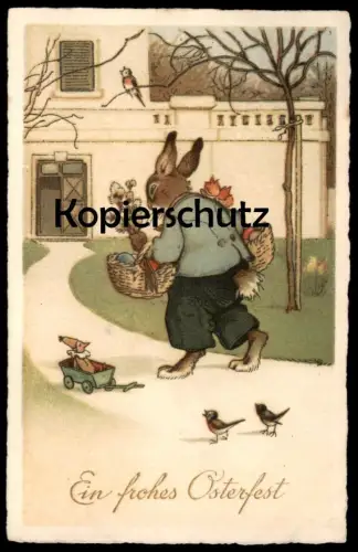 ALTE POSTKARTE EIN FROHES OSTERFEST OSTERHASE KASPERLE KASPER IM KARREN easter paques Ansichtskarte
