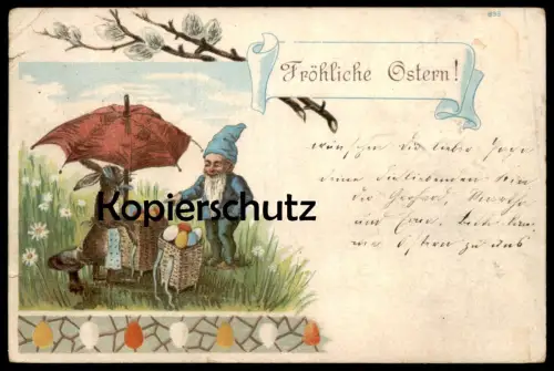 ALTE POSTKARTE FRÖHLICHE OSTERN OSTERHASE HASE SCHIRM ZWERG EIER nain dwarf easter