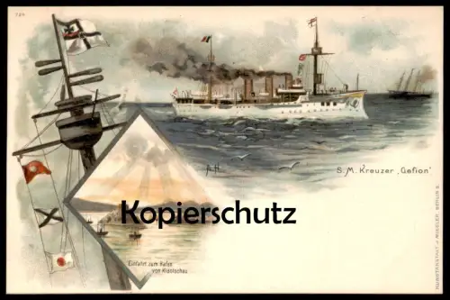 ALTE POSTKARTE KIAOTSCHAU EINFAHRT ZUM HAFEN S.M. KREUZER GEFION SCHIFF Kiautschou Kiautschau