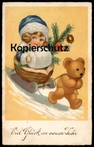 ALTE KÜNSTLER POSTKARTE TEDDY ZIEHT KIND SCHLITTEN NUSSSCHALE NEUJAHR bear ours