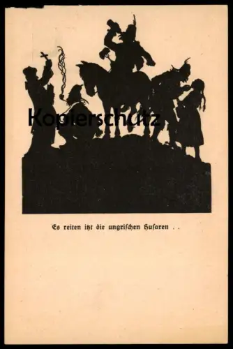 ALTE POSTKARTE SCHERENSCHNITT ES REITEN ITZT DIE UNGRISCHEN HUSAREN UNGARN Hungary Husar Kreuz Priester