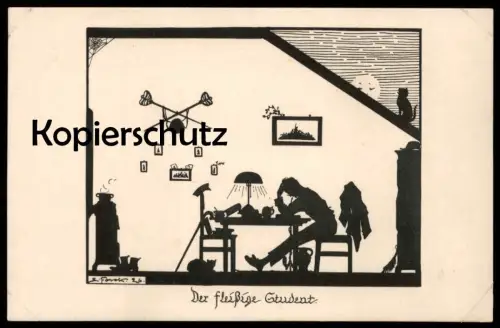 ALTE KÜNSTLER POSTKARTE DER FLEISSIGE STUDENT FLORETT ELSBETH FORCK Studentika Studentica Scherenschnitt Katze cat cpa