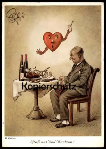 ÄLTERE POSTKARTE GRUSS AUS BAD NAUHEIM H. GEILTUS MAHNENDES HERZ WEIN ZIGARRE ALKOHOL wine heart coeur Ansichtskarte