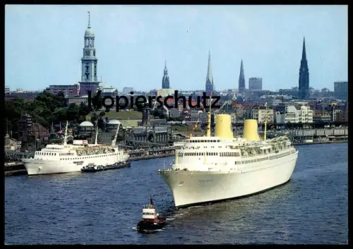 ÄLTERE POSTKARTE HAMBURG HAFEN MIT STADTPANORAMA Schlepper Dampfer Schiff ship Ansichtskarte postcard cpa AK