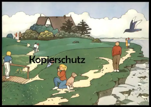 ÄLTERE KÜNSTLER POSTKARTE INSEL AMRUM NORDSEEBAD WEG AM WATT BEI NORDDORF KARIN BLUME KINDER HUND MÖWE Ansichtskarte AK