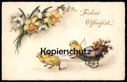 ALTE POSTKARTE FROHES OSTERFEST KUTSCHER MIT PEITSCHE KÜKEN ZIEHEN KUTSCHE MIT OSTEREI chick easter paques postcard cpa