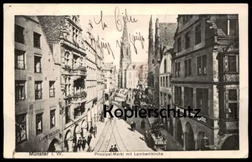 ALTE POSTKARTE MÜNSTER PRINZIPAL-MARKT MIT LAMBERTIKIRCHE RESTAURATION HERMANN LÜCKE LUDW. BALTZER Prinzipalmarkt