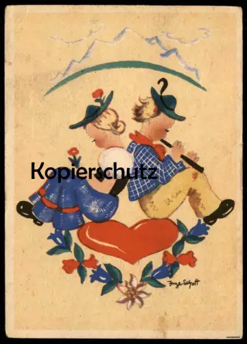 ALTE POSTKARTE KINDER KIND MUSIZIERT FLÖTE HERZ INGE SCHOTT child bird flute enfant Ansichtskarte postcard cpa