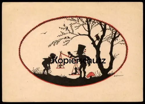 ALTE KÜNSTLER POSTKARTE ELFE ZWERG WAAGE FLIEGENPILZ FLY AGARIC ELSBETH FORCK Scherenschnitt Ansichtskarte