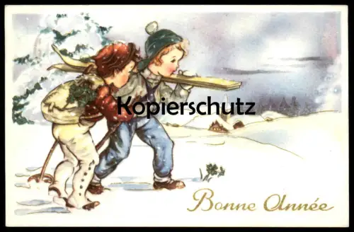 ALTE POSTKARTE BONNE ANNÉE NEUJAHR KINDER SKI postcard cpa AK Ansichtskarte