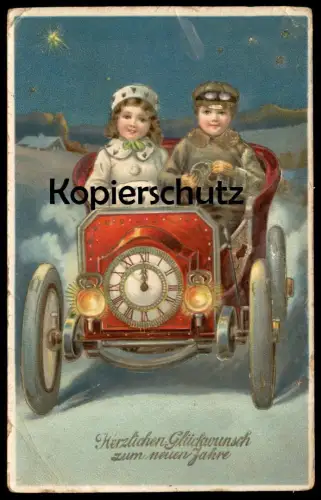 ALTE POSTKARTE HERZLICHEN GLÜCKWUNSCH ZUM NEUEN JAHRE AUTO UHR postcard Ansichtskarte
