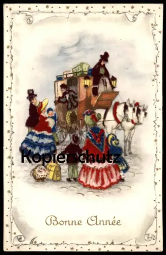 ÄLTERE BESTICKTE POSTKARTE BONNE ANNÉE KUTSCHE STOFFBILD postcard cpa AK Ansichtskarte