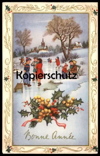 ALTE POSTKARTE BONNE ANNÉE NEUJAHR KINDER SCHLITTEN postcard cpa AK Ansichtskarte