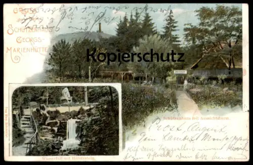 ALTE POSTKARTE GRUSS AUS DEM SCHÜZENHAUS GEORGSMARIENHÜTTE HOLSTESTEIN WASSERFALL Ansichtskarte