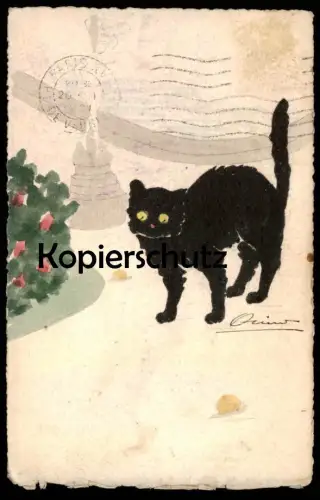 ALTE KÜNSTLER POSTKARTE SCHWARZE KATZE SCHNECKE Ouin ? Stempel Paris escargot chat postcard Ansichtskarte cpa