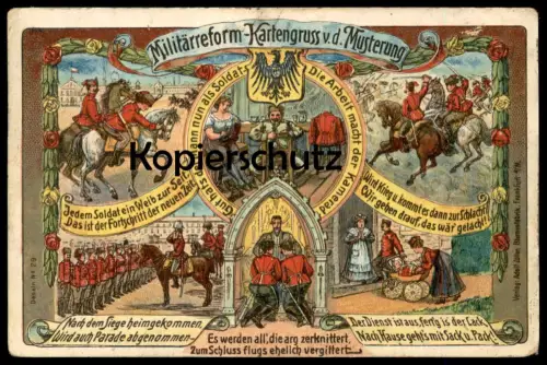 ALTE KÜNSTLER POSTKARTE MILITÄRREFORM KARTENGRUSS VON DER MUSTERUNG FRAUENBEWEGUNG