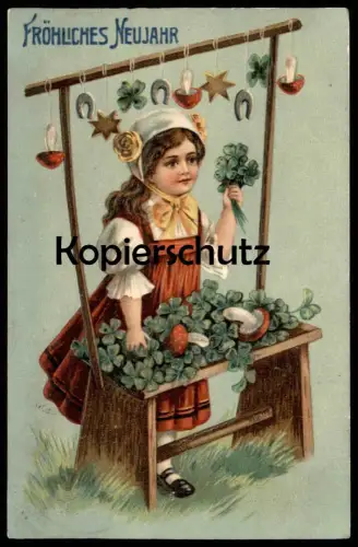 ALTE PRÄGE POSTKARTE NEUJAHR MÄDCHEN VERKAUFSSTAND FLIEGENPILZ HUFEISEN Ansichtskarte postcard AK