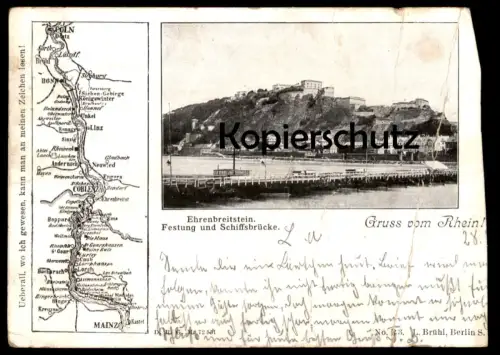 ALTE POSTKARTE GRUSS VOM RHEIN EHRENBREITSTEIN FESTUNG UND SCHIFFBRÜCKE KOBLENZ