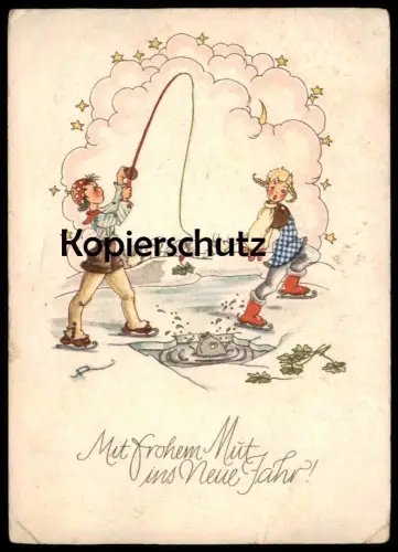 ALTE POSTKARTE KINDER ANGELN FISCH EISLAUFEN SCHLITTSCHUH NEUJAHR ice skating