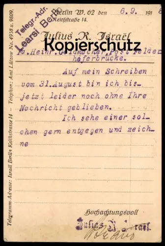 ALTE FIRMEN POSTKARTE JULIUS R. ISRAEL BERLIN NACH FELDERHOFERBRÜCKE RUPPICHTEROTH