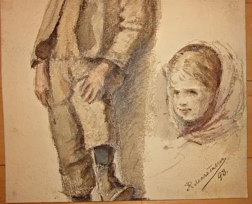 Alte Original Zeichnung Malerei Bild Kinder Tracht Signiert 1893 Antik Kunst