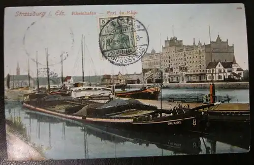 Alte Ansichtskarte Strassburg Rheinhafen Schiffe 1909
