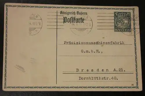 Alte Postkarte Ganzsache Bayern gel. Dresden Präzisionsmaschinen Fabrik 1914