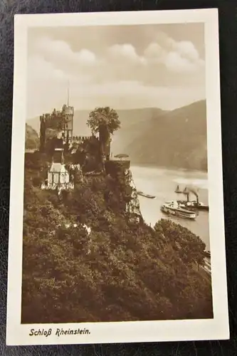 Alte Foto Ansichtskarte Schloß Burg Rheinstein Schiffe Dampfer