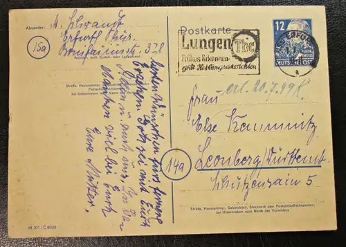 Postkarte Ganzsache Alliierte Besetzung gel. 1949 Erfurt - Leonberg