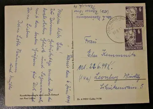 Postkarte Zone Sowjetische Besetzung MeF gel. Ranis - Leonberg 1949 Briefmarken