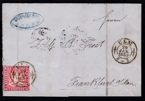 Wappen 9 Kr. auf Brief mit K2 ULM 29 JAN. 1859 + rs K3