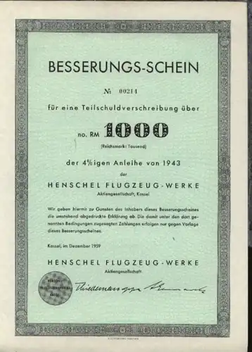 1959 Henschel Flugzeug-Werke AG Kassel Besserungs-Schein für eine